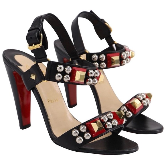Christian Louboutin Shoes - NEW Christian Louboutin Pyrabubble Sandals Heels in Black Leather Gold Studs